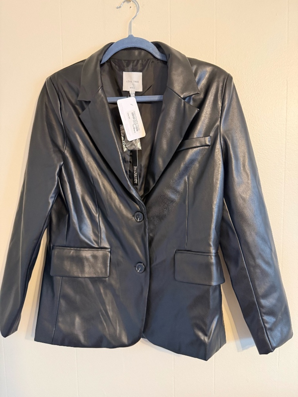 NWT Women's Love Tree Priya Faux Leather Black Blazer, Size Small, Fully Lined